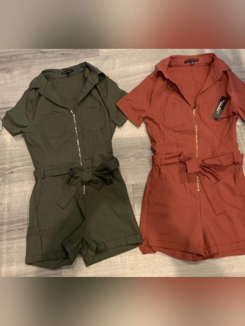 Utility Short-Sleeve Romper with Waist Tie - Olive & Rust